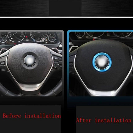 Aluminium Alloy Decorative Steering Wheel Ring Cover for BMW Cars installed on steering wheel before and after view