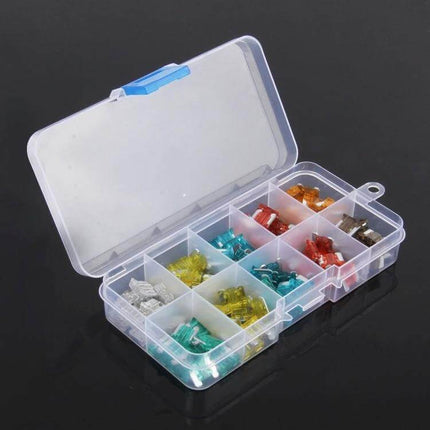 Mini Add-A-Circuit Fuse Tap Adapter 100-Pack For Vehicles — clear plastic organizer with assorted mini blade fuses and compartments