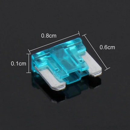 Mini Add-A-Circuit Fuse Tap Adapter 100-Pack For Vehicles - close-up blue ATM mini fuse tap adapter with dimensions on black background