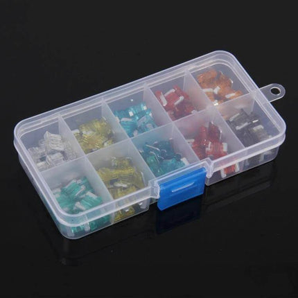 Mini Add-A-Circuit Fuse Tap Adapter 100-Pack For Vehicles – clear organizer box with assorted mini add-a-circuit ATM low-profile blade fuses