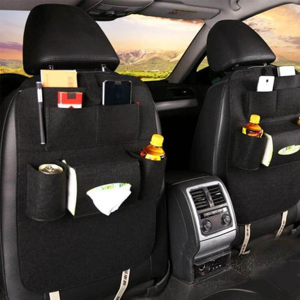 Kaneed Multi-Pocket Car Backseat Organizer for Travel Storage with multiple compartments holding bottles, tissues, phone and magazines in backseat