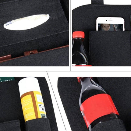 Kaneed Multi-Pocket Car Backseat Organizer for Travel Storage with multiple pockets holding bottle phone tissues and sunscreen