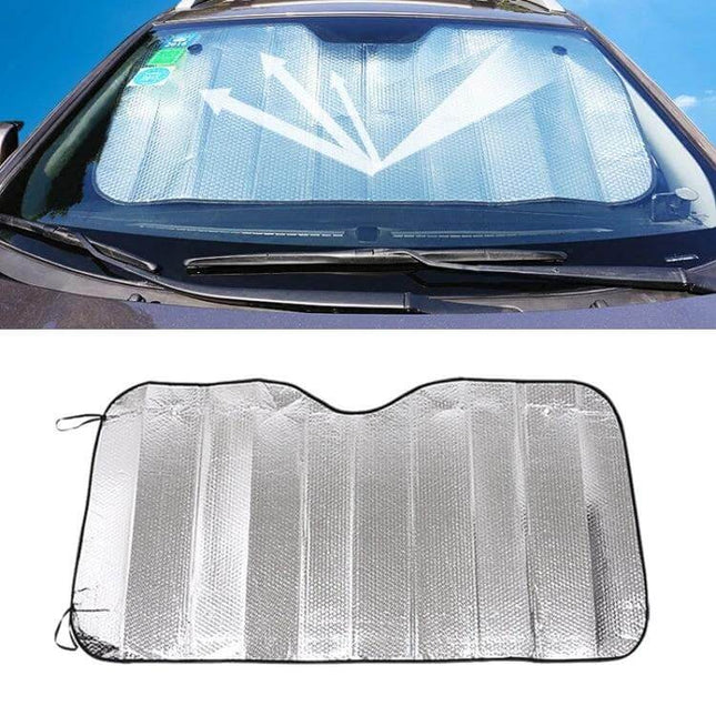 Silver Car Sun Visor for Vehicle Protection, 140cm x 70cm - reflective windshield cover reducing sun heat and dust, durable easy-fit design
