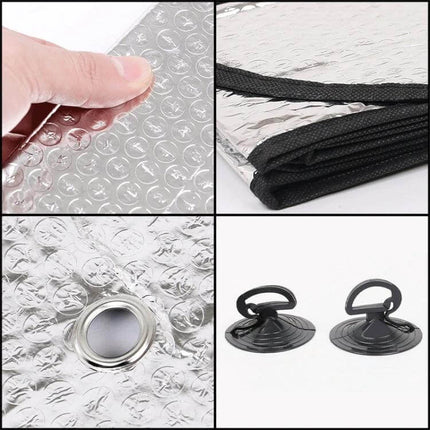 Silver Car Sun Visor for Vehicle Protection, 140cm x 70cm showcasing reflective bubble insulation, reinforced edges and suction cup attachments