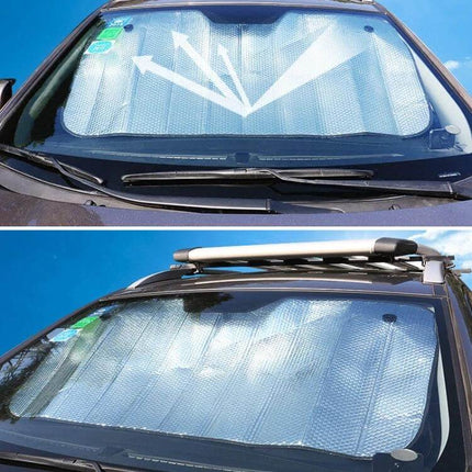 Silver Car Sun Visor for Vehicle Protection, 140cm x 70cm installed on windshield reflecting sunlight and reducing dust
