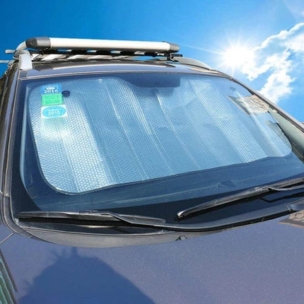 Silver Car Sun Visor for Vehicle Protection, 140cm x 70cm — reflective windshield cover protecting car from sun, heat and dust while parked