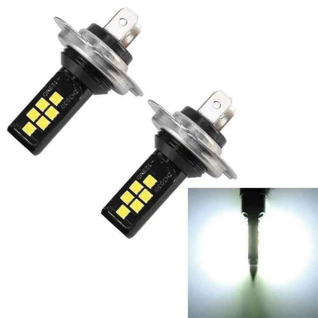 H7 Fog Lights 6000K White Two Pack for Cars and SUVs LED bulbs showing dual H7 base lamps and bright 6000K white beam for fog visibility