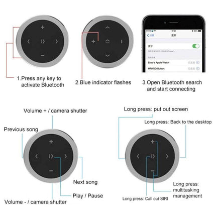 Car Wireless Bluetooth Steering Wheel Music Controller Black compact round remote showing buttons for play pause volume skip pairing instructions with smartphone