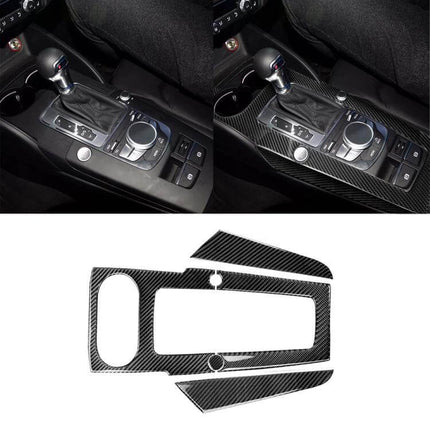 Set of 3 Carbon Fiber Decorative Stickers for Audi A3 Gear Panel applied on Audi A3 center console for modern interior upgrade