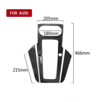 Set of 3 Carbon Fiber Decorative Stickers for Audi A3 Gear Panel shown with dimensions 205x180x466mm and 215mm side pieces