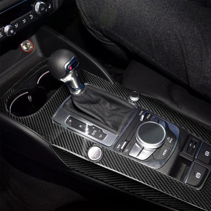 Set of 3 Carbon Fiber Decorative Stickers for Audi A3 Gear Panel applied on Audi A3 gear panel for modern carbon fiber interior upgrade