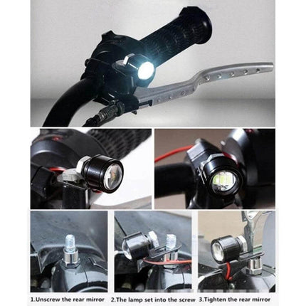 Eagle Eyes LED Strobe Lights for Motorcycles, 2-Pack with 90cm Wire mounted on handlebars showing installation and bright beam