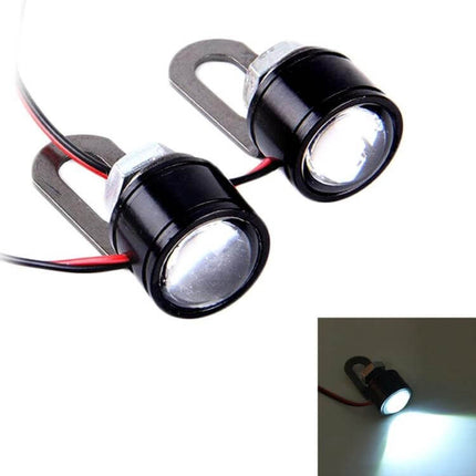 Eagle Eyes LED Strobe Lights for Motorcycles, 2-Pack with 90cm Wire - compact black metal strobe lights shown mounted with wiring