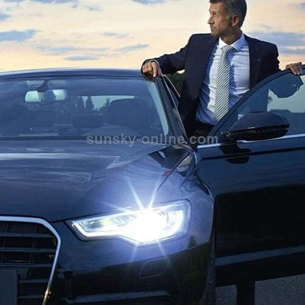 9005 Headlight Bulbs, 2-Pack For Everyday Driving Comfort - bright, energy‑efficient headlights on a sedan at dusk with man exiting car