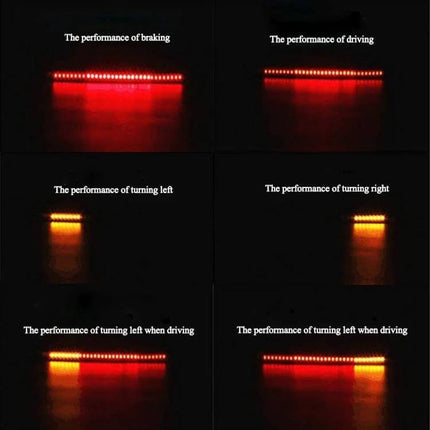 Red and Yellow LED Brake Lights for Motorcycle Safety showing braking, driving and turn signal performance in low-light conditions