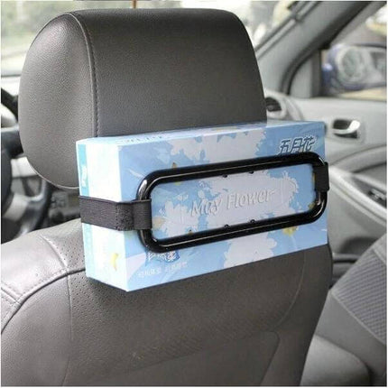 Black Car Hanging Tissue Box Holder for Vehicle Storage attached to headrest keeping tissues accessible during drives