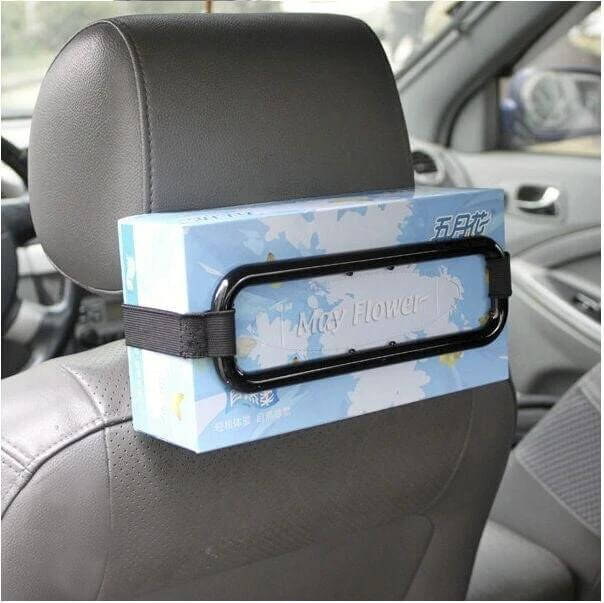 Black Car Hanging Tissue Box Holder for Vehicle Storage attached to headrest keeping tissues accessible during drives