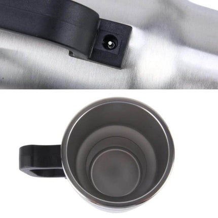 Stainless Steel Car Mug Electric Kettle 12V For Coffee stainless steel mug with handle, 300ml interior and car power plug visible