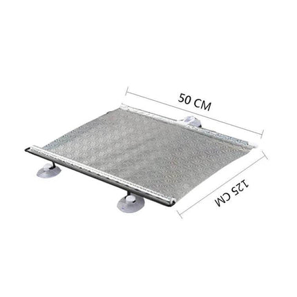 Foldable Car Insulation Curtain with Heat Protection, 125 x 50cm displayed with suction cups and measurements for windshield/window sun shielding