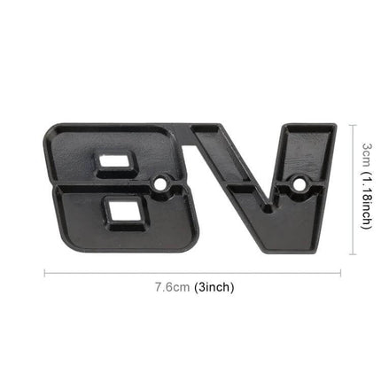 V8 Connect Shape Black Metal Decorative Sticker for Cars shown in black metal 7.6cm x 3cm car emblem accent