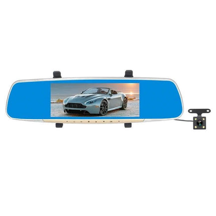 V100 7-Inch Touch Screen Rear View Mirror Car Recorder showing mirror dash display with rear camera and sports car playback