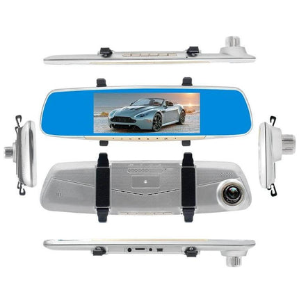V100 7-Inch Touch Screen Rear View Mirror Car Recorder showing mirror-mounted dash cam with touchscreen display and camera lens