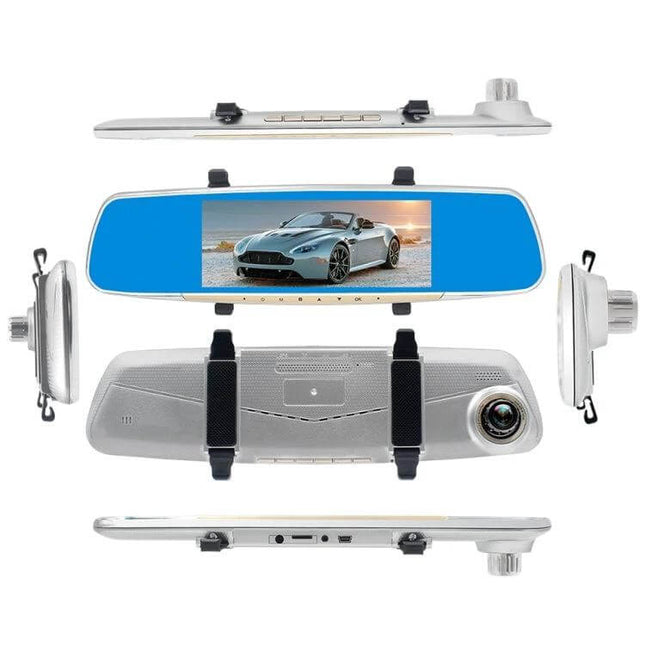 V100 7-Inch Touch Screen Rear View Mirror Car Recorder showing mirror-mounted dash cam with touchscreen display and camera lens