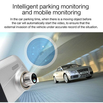 V100 7-Inch Touch Screen Rear View Mirror Car Recorder showing parking monitoring camera capturing a parked silver sedan with radar overlay