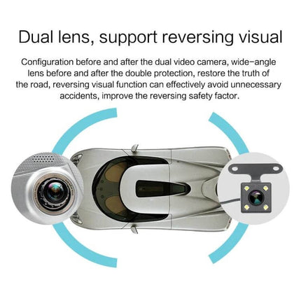 V100 7-Inch Touch Screen Rear View Mirror Car Recorder dual-lens view showing front and rear cameras and reversing assist