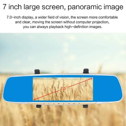 V100 7-Inch Touch Screen Rear View Mirror Car Recorder showing 7.0-inch panoramic display integrated into rear view mirror