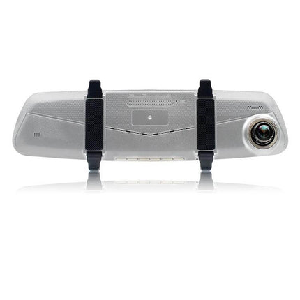 V100 7-Inch Touch Screen Rear View Mirror Car Recorder showing rear-view mirror dash camera mounted with wide-angle lens