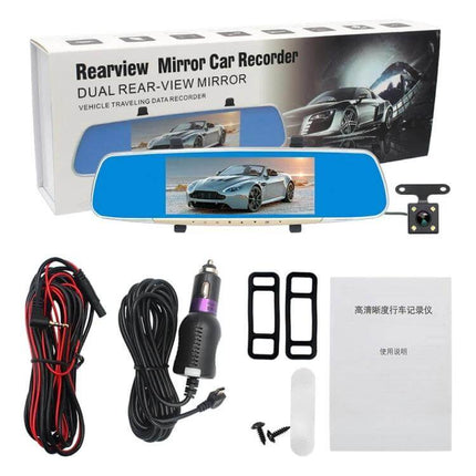 V100 7-Inch Touch Screen Rear View Mirror Car Recorder showing mirror display, camera, cables and accessories for vehicle dash mounting