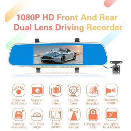 V100 7-Inch Touch Screen Rear View Mirror Car Recorder showing 1080P front and rear dual lens display with parking monitoring icons