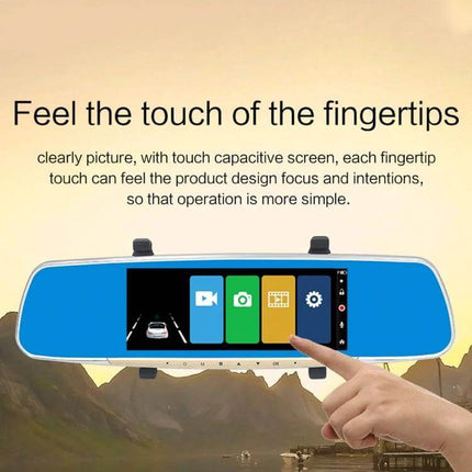 V100 7-Inch Touch Screen Rear View Mirror Car Recorder showing touch screen interface and hand interacting with display