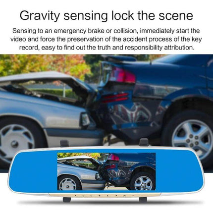 V100 7-Inch Touch Screen Rear View Mirror Car Recorder showing gravity-sensing collision lock footage of a rear-end car accident