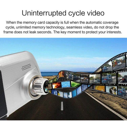 V100 7-Inch Touch Screen Rear View Mirror Car Recorder showing uninterrupted loop recording concept with filmstrip of road footage