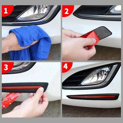 Durable Anti-Collision Car Bumper Guard Strip for Vehicle Protection shown being cleaned, adhesive applied, and installed on a white car bumper