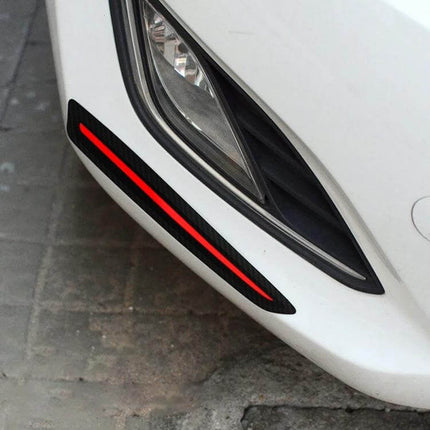 White car front bumper with red-accented Durable Anti-Collision Car Bumper Guard Strip for Vehicle Protection installed for parking and scratch prevention
