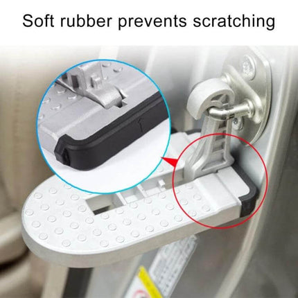 Car Door Sill Step Pads Black Anti Slip Metal Pedals shown installed on vehicle door hinge with soft rubber edge to prevent scratching and provide anti-slip grip