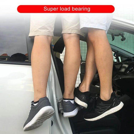 Car Door Sill Step Pads Black Anti Slip Metal Pedals shown supporting two people stepping into a car, durable anti-slip metal pads for sedans and SUVs