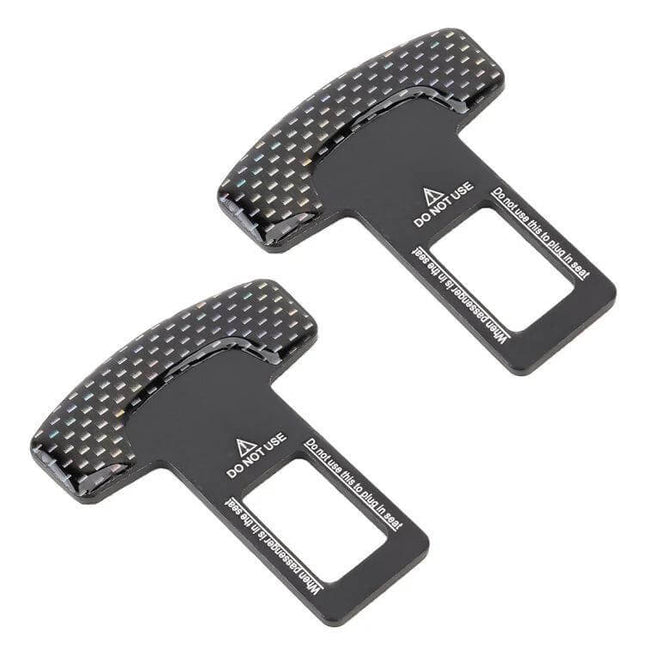 Universal 2-in-1 Carbon Fibre Seat Belt Buckle Clip for Cars — pair of black carbon-fiber seat belt buckle inserts to reduce shoulder irritation, compact size