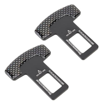 Universal 2-in-1 Carbon Fibre Seat Belt Buckle Clip for Cars – pair of black carbon-fibre patterned seat belt buckle inserts, compact 5.1x6.2x0.7 cm