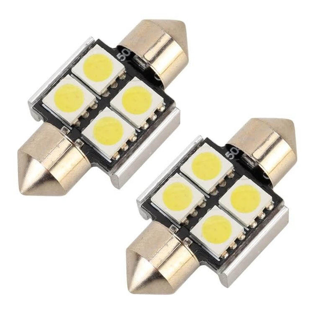 Car Reading Lamp 31mm 7000K 80LM 4LED SMD-5050 DC12V Car Interior - close-up of two compact 4-SMD 5050 LED festoon bulbs for vehicle map/reading light