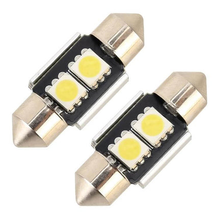 Car Reading Lamp Pack Of 10, 31mm, Cool White, Ideal For Reading – close-up of two 31mm cool white LED festoon bulbs for car interior reading