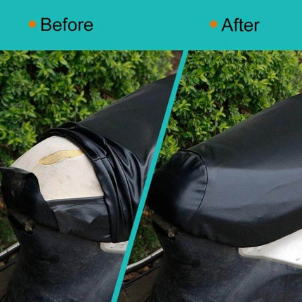 Large Waterproof Black Leather Motorcycle Seat Cover for Protection showing before torn seat and after restored covered seat