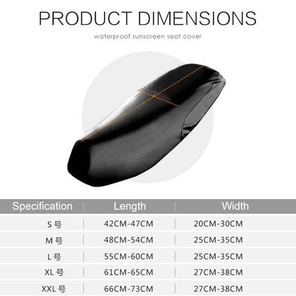 Large Waterproof Black Leather Motorcycle Seat Cover for Protection shown on a fitted bike seat with dimensions chart