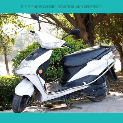 Large Waterproof Black Leather Motorcycle Seat Cover for Protection on white scooter parked outdoors protecting seat from rain and dirt