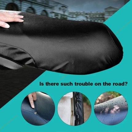 Large Waterproof Black Leather Motorcycle Seat Cover for Protection on motorcycle seat showing waterproof surface and hand adjusting cover