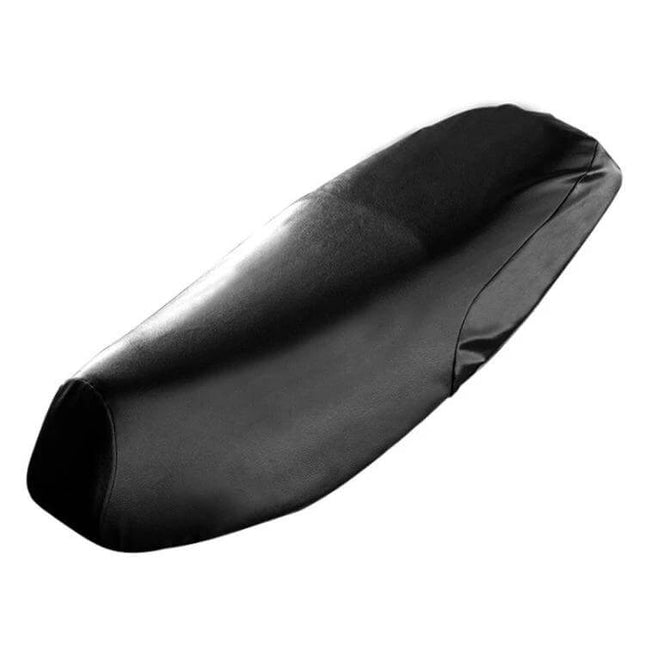 Protective Black Leather Seat Cover for Motorcycles, Size M fitted on standard motorcycle seat — weatherproof protection against rain dirt and UV