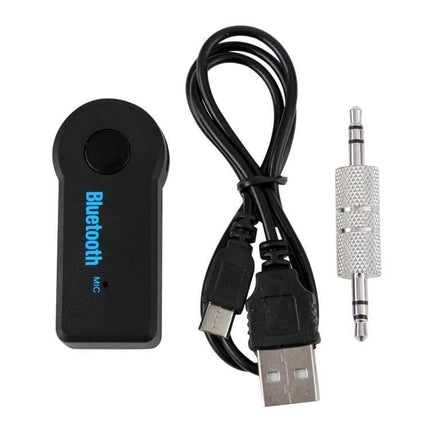 Portable Bluetooth Music Receiver For Stereo Speakers Single Channel Hands Free compact black receiver with USB cable and 3.5mm adapter